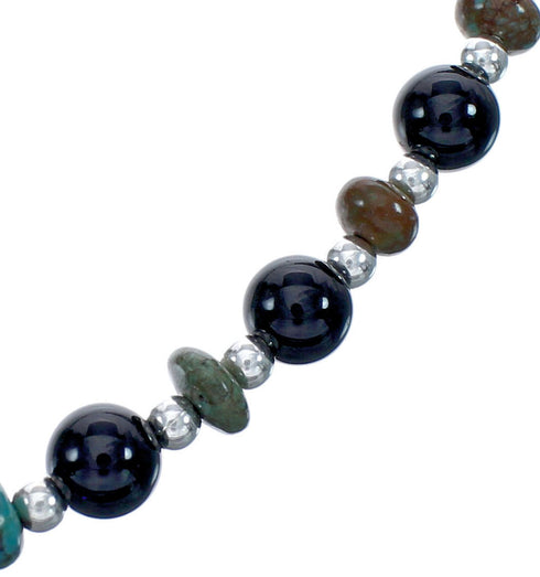Navajo Sterling Silver Onyx And Turquoise Bead Jewelry Necklace JX123387